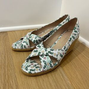 Jack Rogers White Floral Wedge Espadrilles with Green Leaf Print